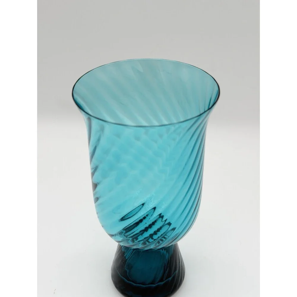 Empoli Italy Handblown Art Glass Diamond Optic Teal Pedestal Vase 8.5” Swirl